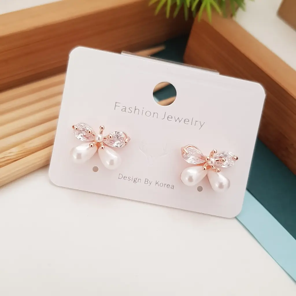 Contemporary Butterfly AD Stones and Pearls Earrings - Artificial Rose Gold