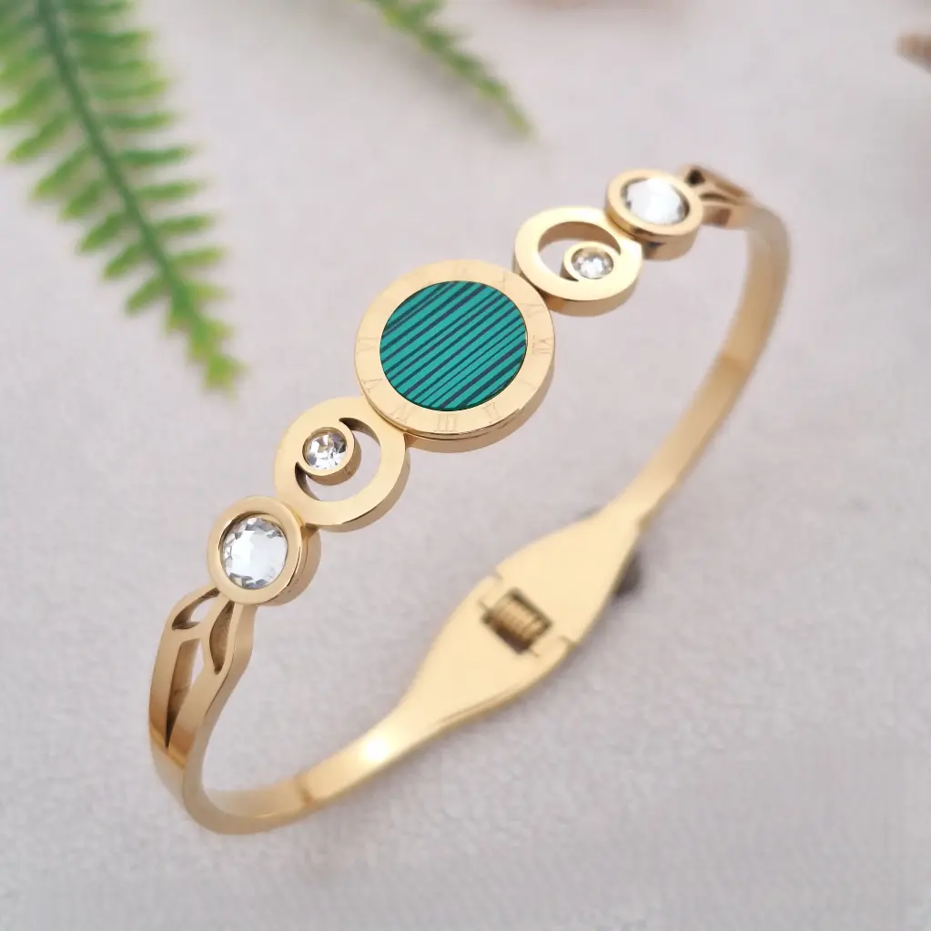 Green Enamel Roman Numbers with Surrounding AD Stones Abstract Bracelet-Artificial Yellow Gold