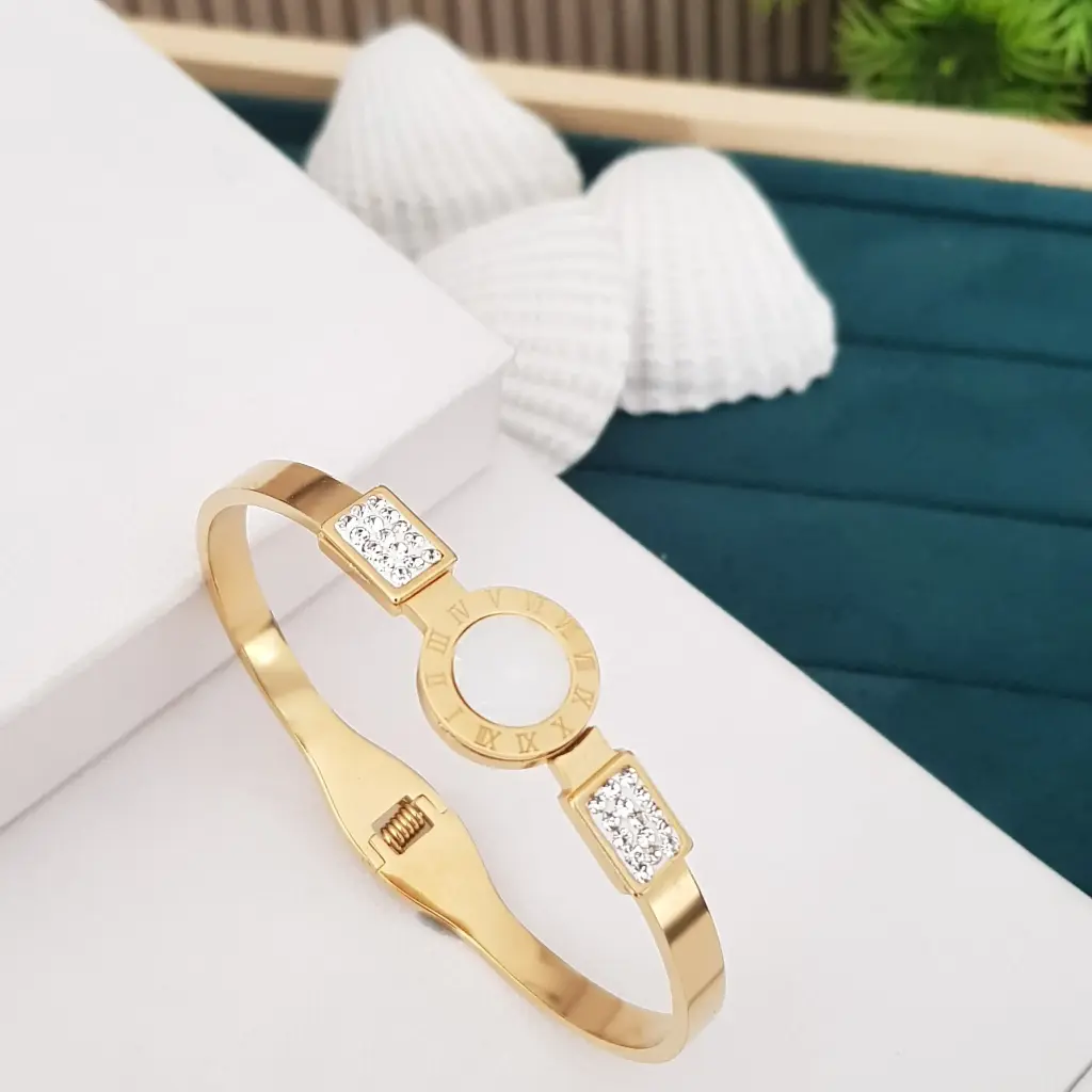 White Roman Circle with two Rectangle AD Stones Bracelet-Artificial Yellow Gold