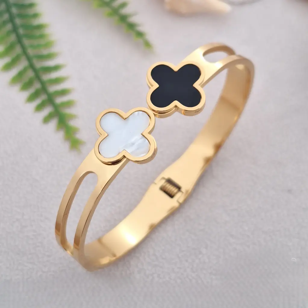 Black & White Clovers with Enamel wide and broad open Bracelet-Aritificial Yellow Gold