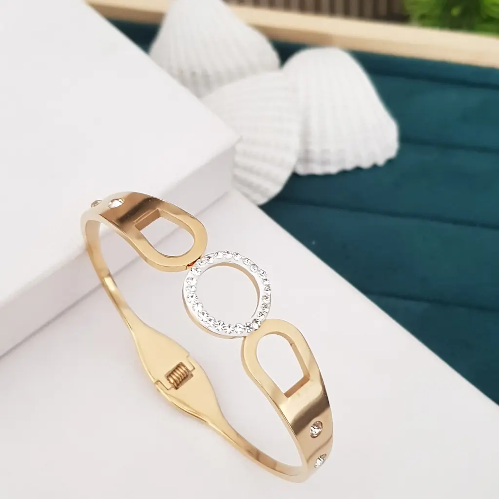 Abstract Circle Wide AD Stones Bracelet-Artificial Yellow Gold