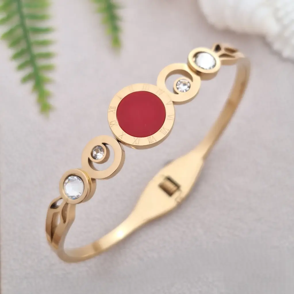 Red Enamel Roman Numbers with Abstract Circle Bracelet-Artificial Yellow Gold