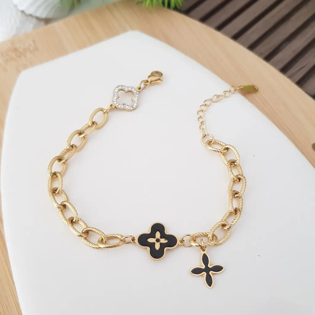 Black Enamel Fancy Clovers Bracelet-Artificial Yellow Gold