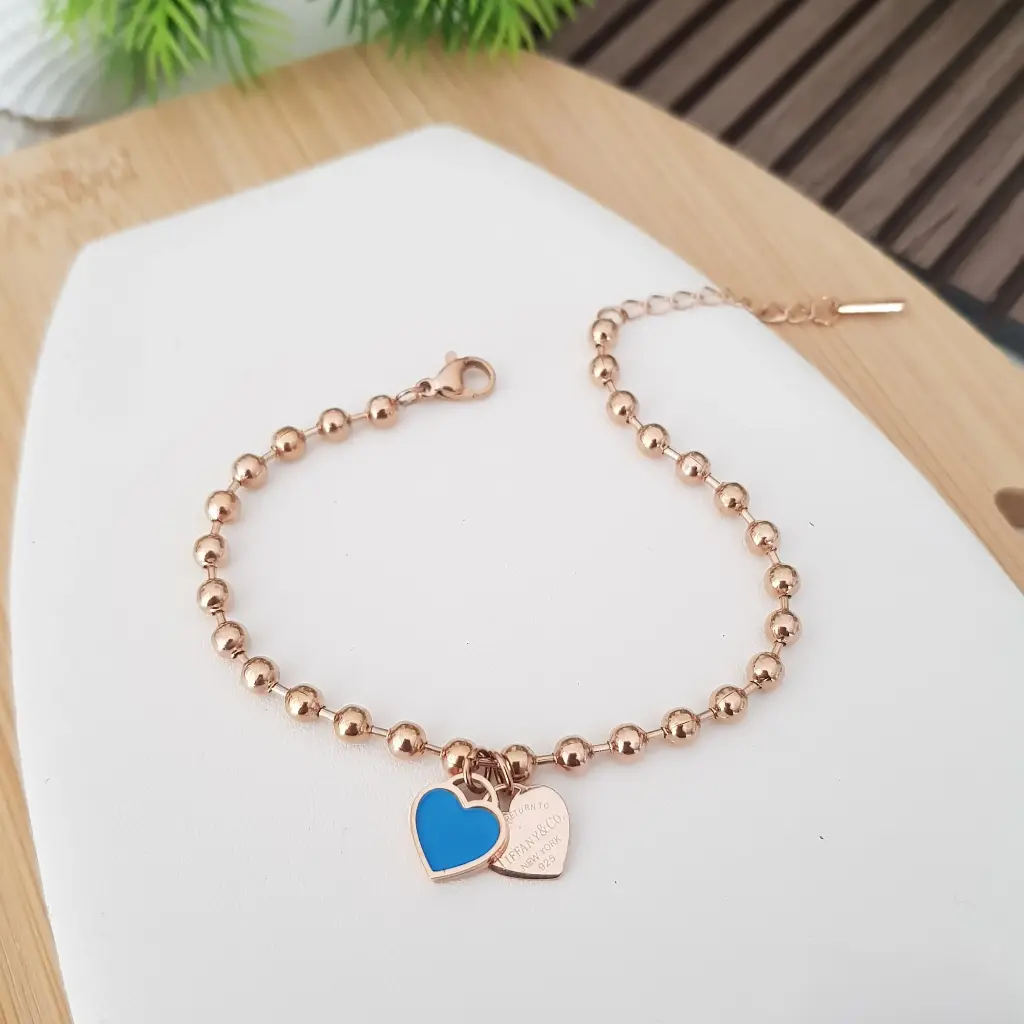 Fancy Twin Hearts Blue Enamel Bracelet-Artificial Rose Gold