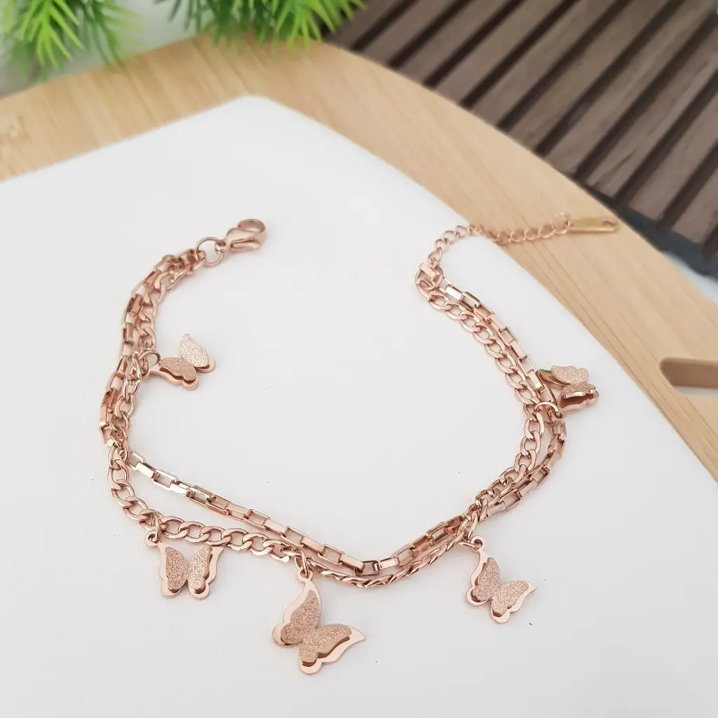 Matt Butterflies with Dual Chains Bracelet-Artificial Rose Gold