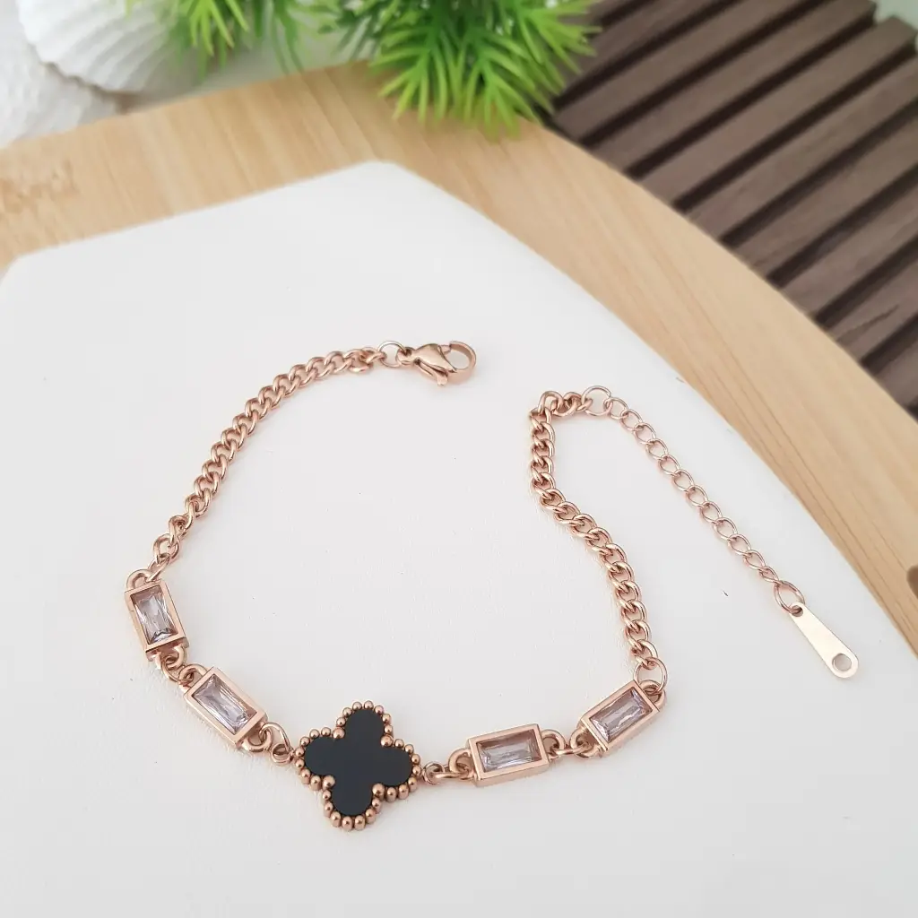 Wide Black Enamel Clover with Rectangle AD Stones Bracelet-Artificial Rose Gold