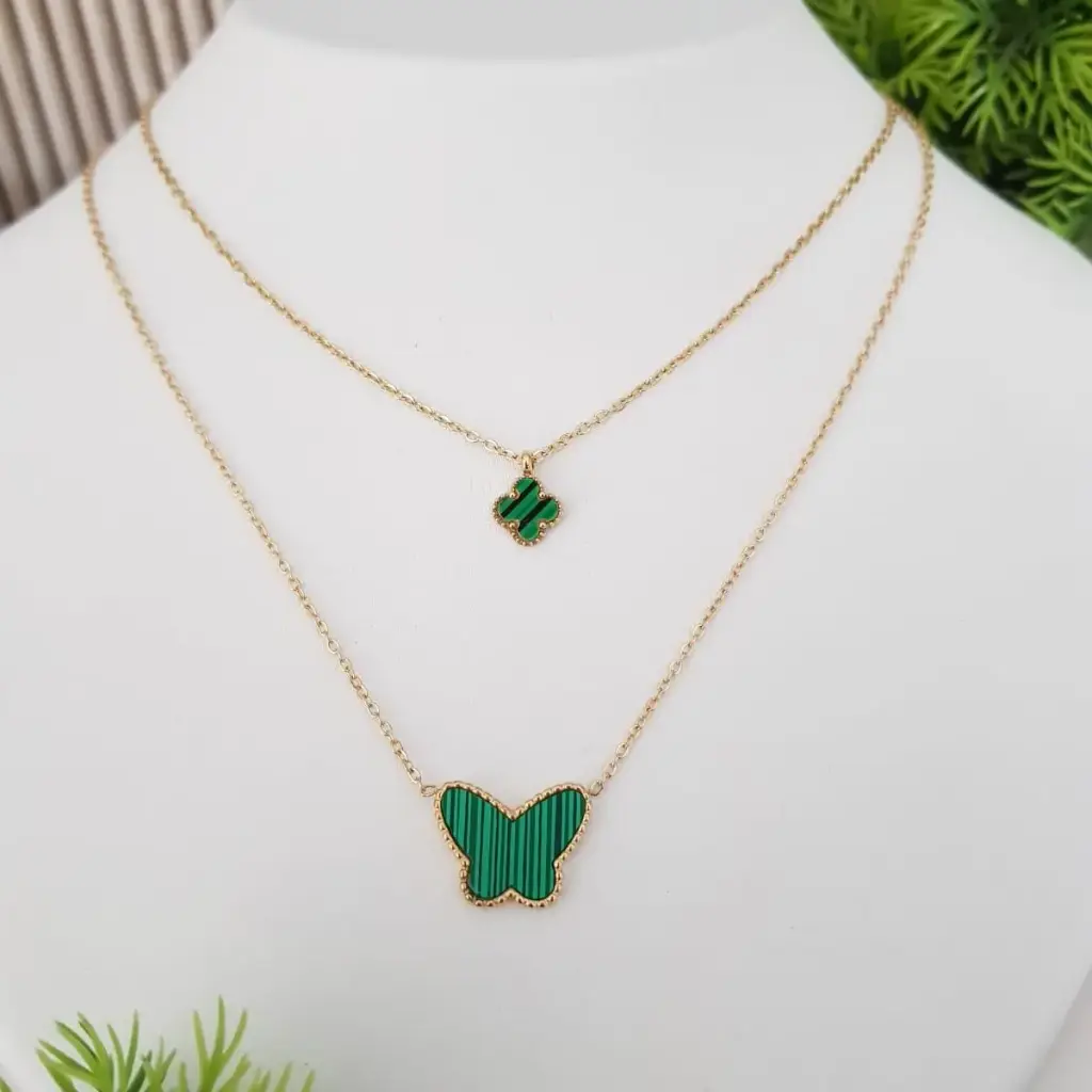 Malachite Butterfly & Clover Layered Necklace - Artificial Yellow Gold