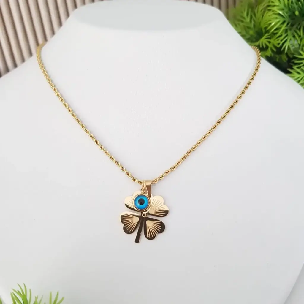 Evil Eye Four-Leaf Clover Pendant Necklace - Artificial Yellow Gold