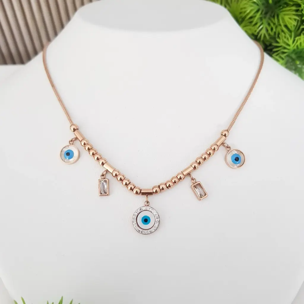 Evil Eye and Baguette Charm Necklace - Artificial Yellow Gold