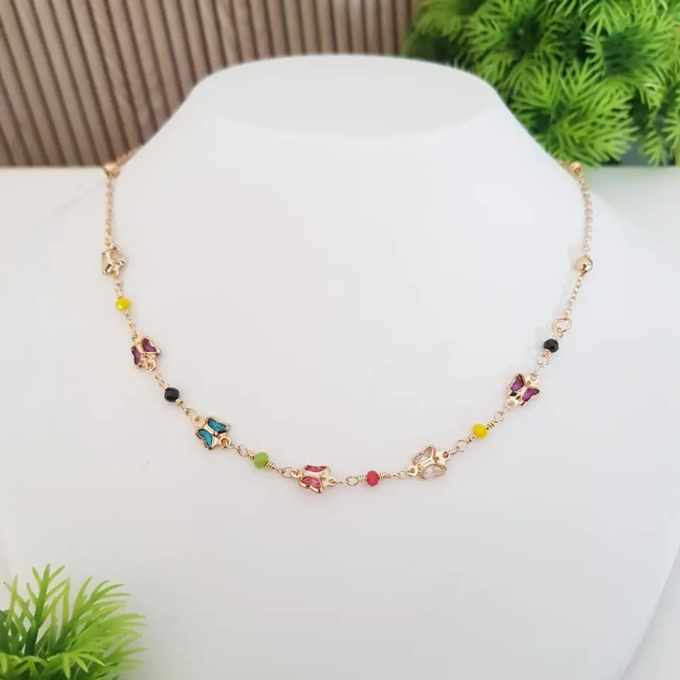 Butterfly Silhouette and Bead Necklace - Artificial Yellow Gold