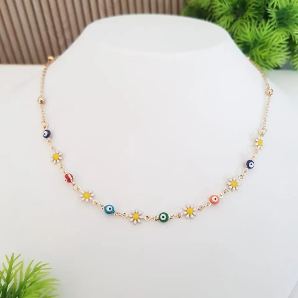 Daisy and Evil Eye Necklace - Artificial Yellow Gold