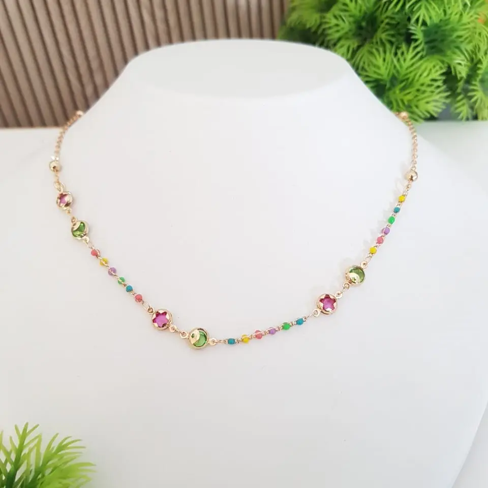 Rainbow Stone and Bead Necklace - Artificial Yellow Gold