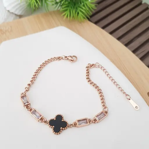 [02020214] Wide Black Enamel Clover with Rectangle AD Stones Bracelet-Artificial Rose Gold